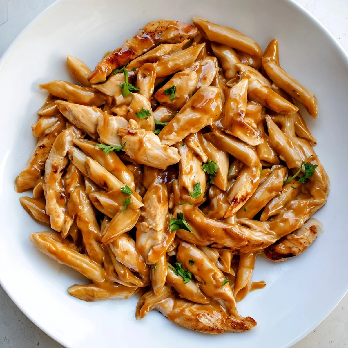 Golden seared chicken slices and penne pasta coated in a creamy honey chipotle sauce, garnished with fresh cilantro and Parmesan cheese.