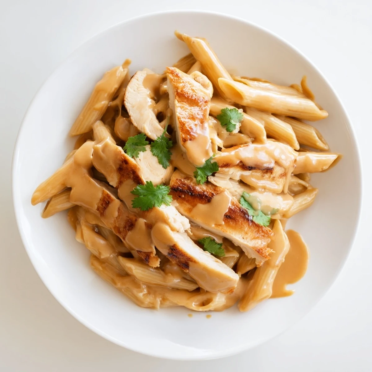 Close-up of a plate of Honey Chipotle Chicken Pasta, highlighting the rich, creamy sauce and fresh cilantro topping.