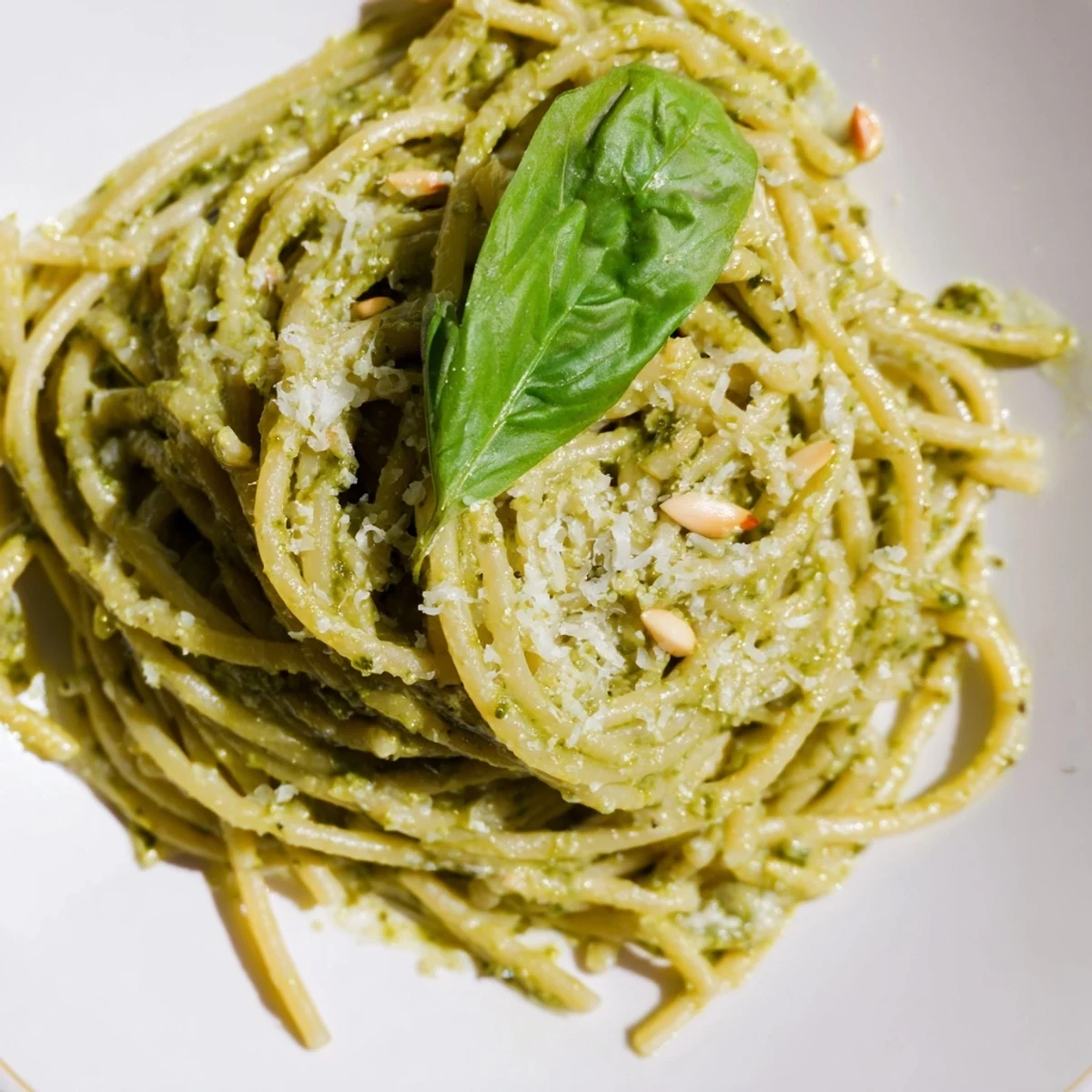 A close-up of Creamy Sunflower Seed Pesto Pasta with golden toasted seeds, silky cream sauce, and fresh basil garnish.