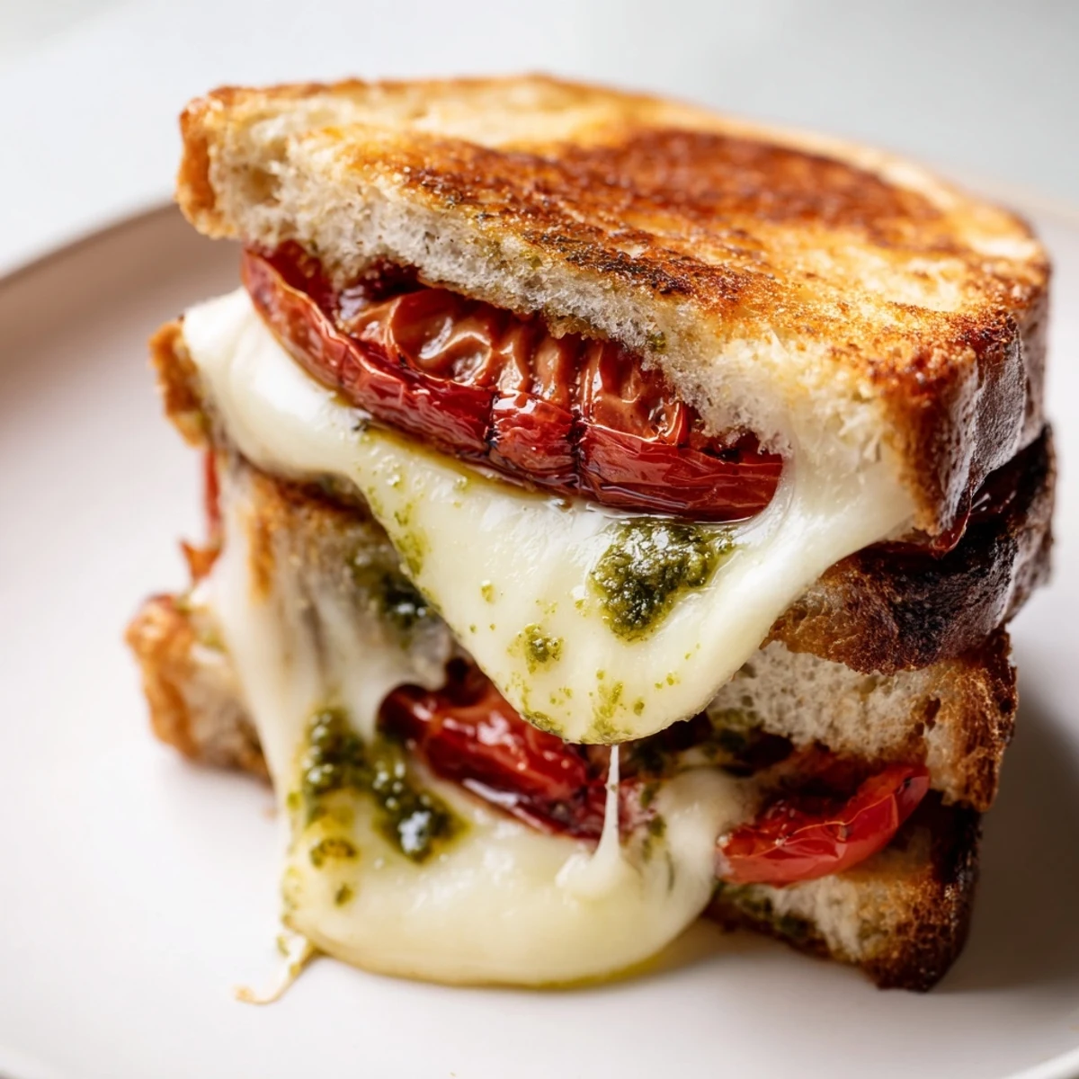 Golden-brown sourdough grilled cheese with roasted tomato pesto, melted mozzarella, and cheddar, served on a rustic cutting board.  