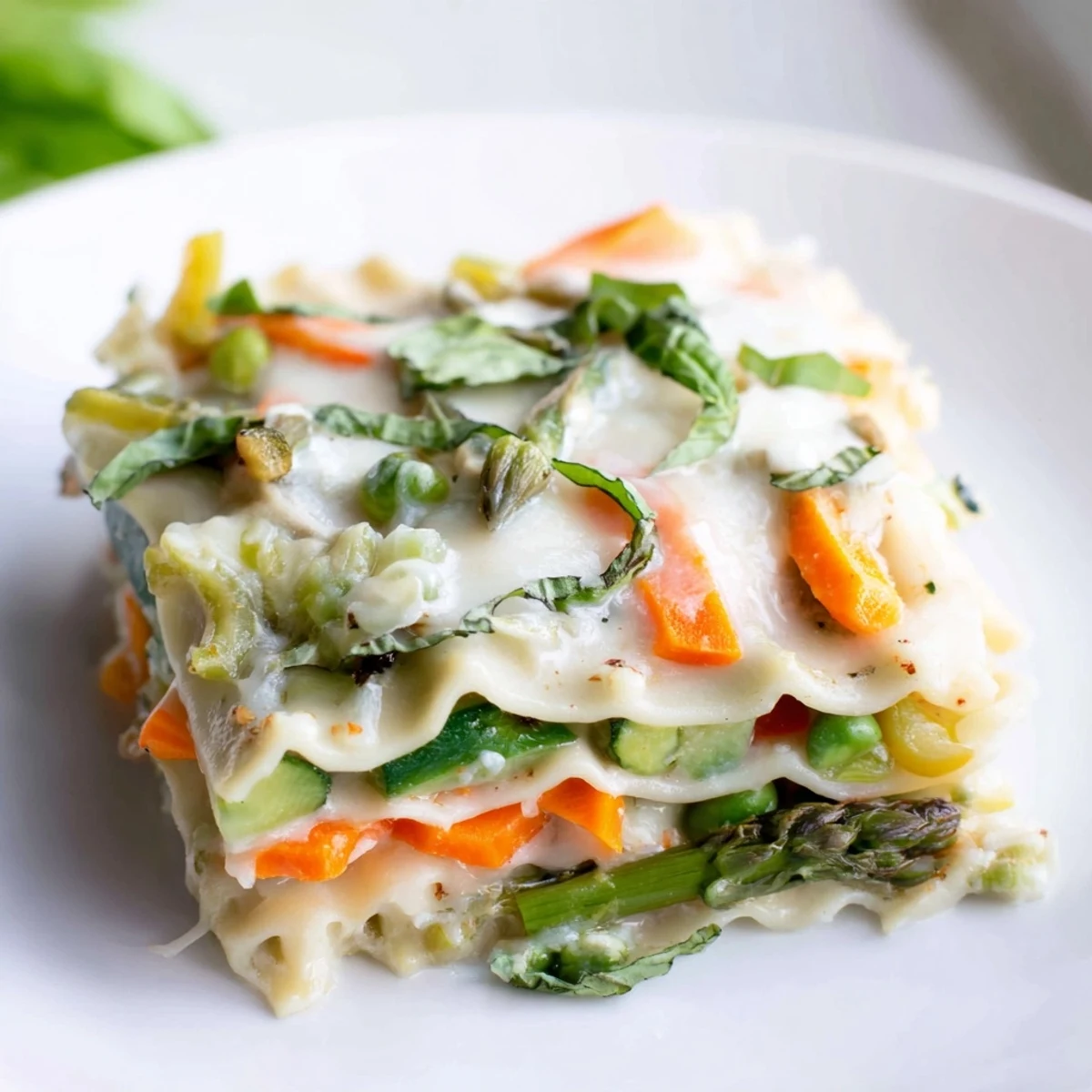 Spring Veggie Alfredo Lasagna layered with creamy ricotta and tender spring vegetables served on a white ceramic plate.  