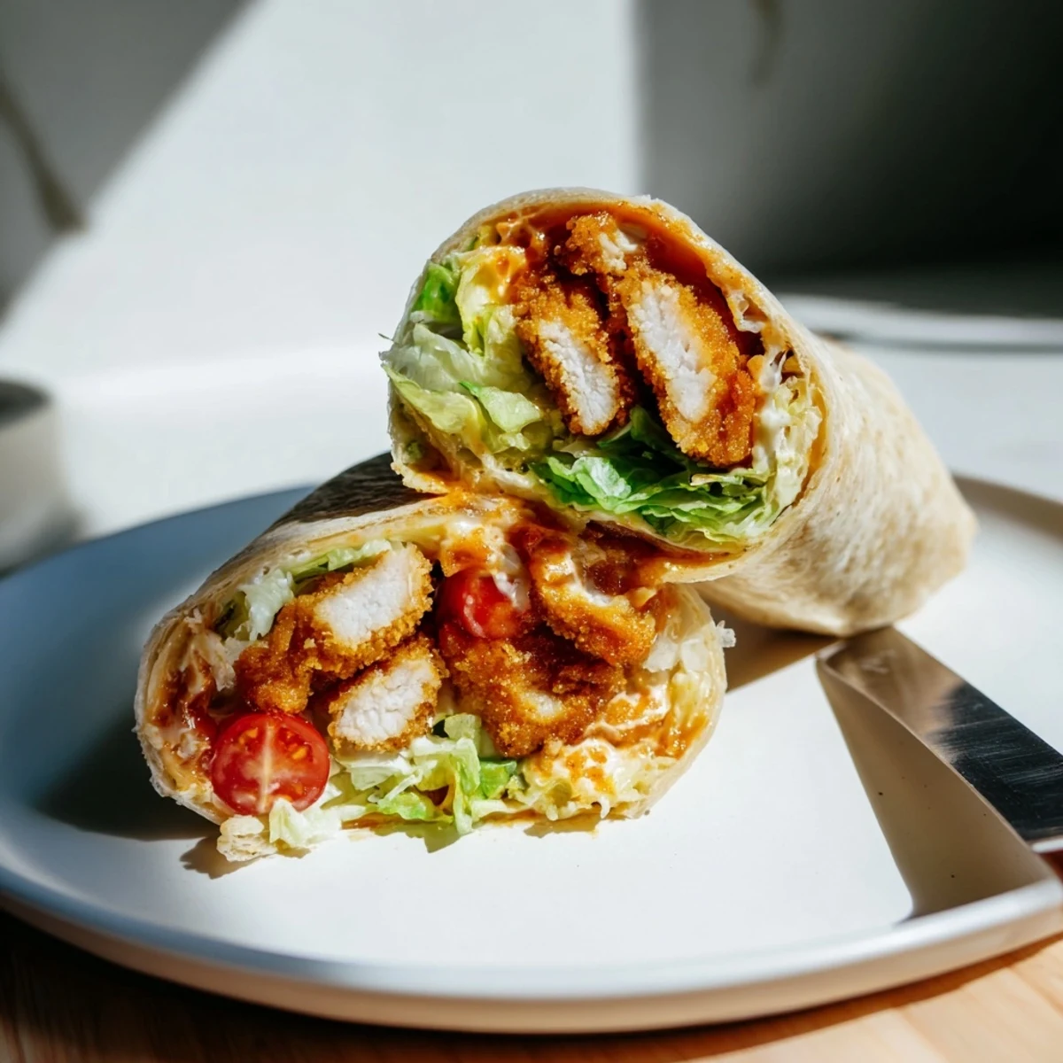 Golden-brown crispy chicken strips coated in spicy hot honey, nestled in a Caesar salad wrap on a rustic wooden board.