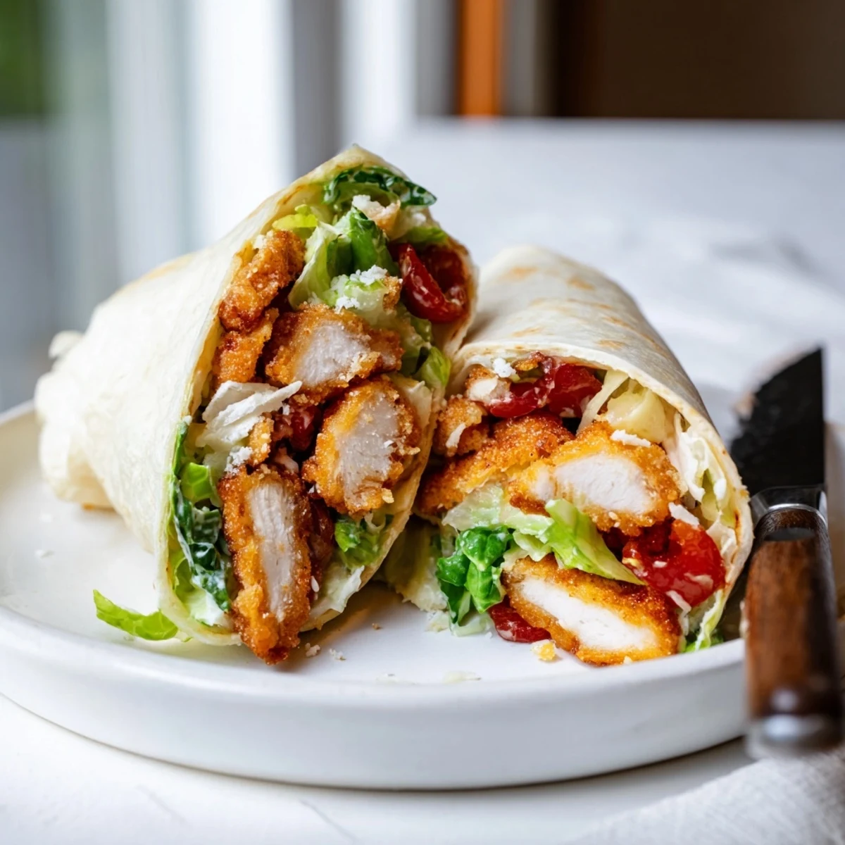 Freshly assembled hot honey chicken caesar wrap garnished with extra Parmesan and croutons, ready for a satisfying handheld lunch.