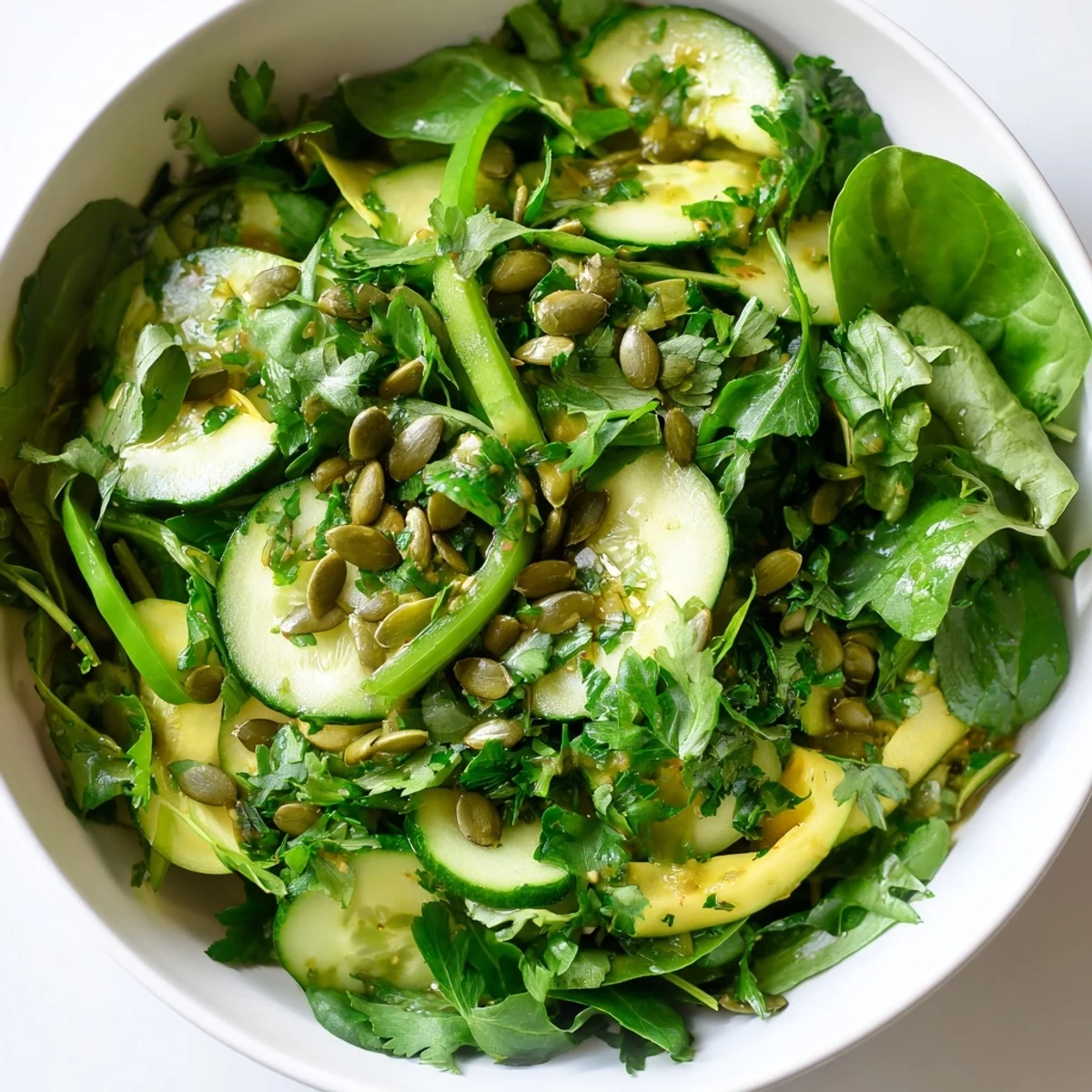 The vibrant Glowing Green Salad features crisp mixed greens, sliced cucumbers, and a zesty lemon vinaigrette on a white plate.  