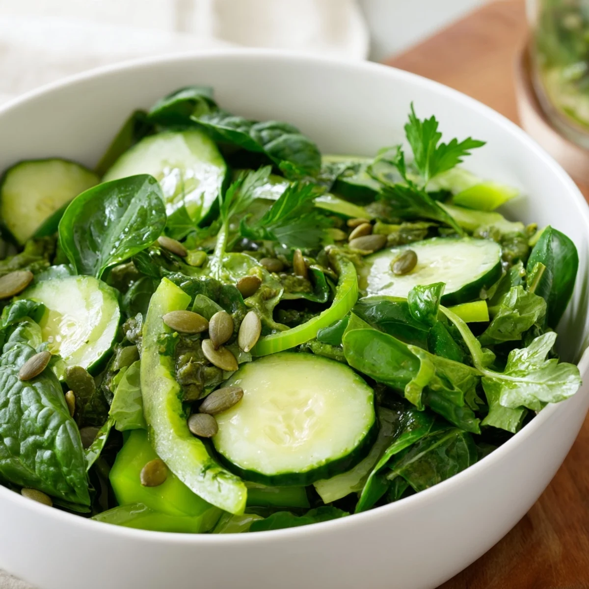 Serve this refreshing Glowing Green Salad as a healthy vegan side, topped with pumpkin seeds for extra crunch.
