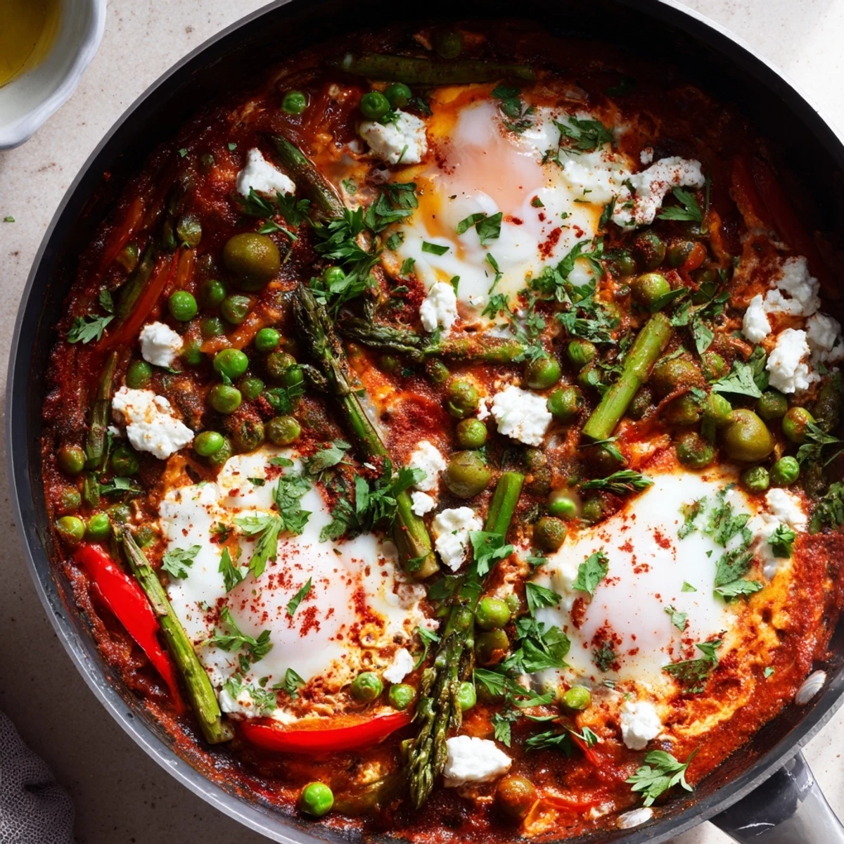 A close-up of Pea and Broad Bean Shakshuka with eggs poached in a vibrant tomato and herb sauce.