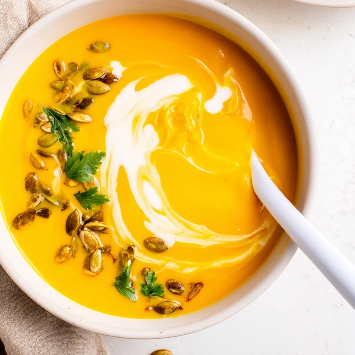 Roasted butternut squash soup with a rich, smooth texture and fragrant spices in a rustic ceramic bowl.