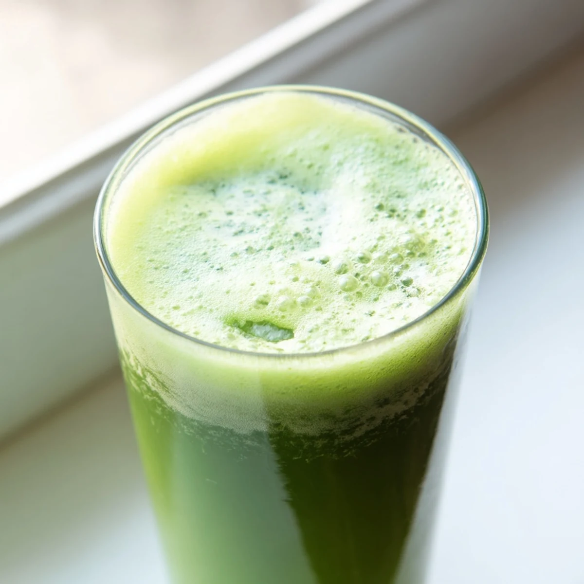 A tall glass of Cabbage and Kale Detox Juice, with vibrant green liquid and a lemon wedge garnish on a rustic table.