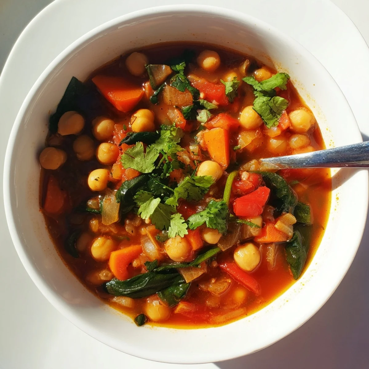 A steaming bowl of Spicy Chickpea Stew, garnished with fresh cilantro and a lemon wedge, ready to serve.