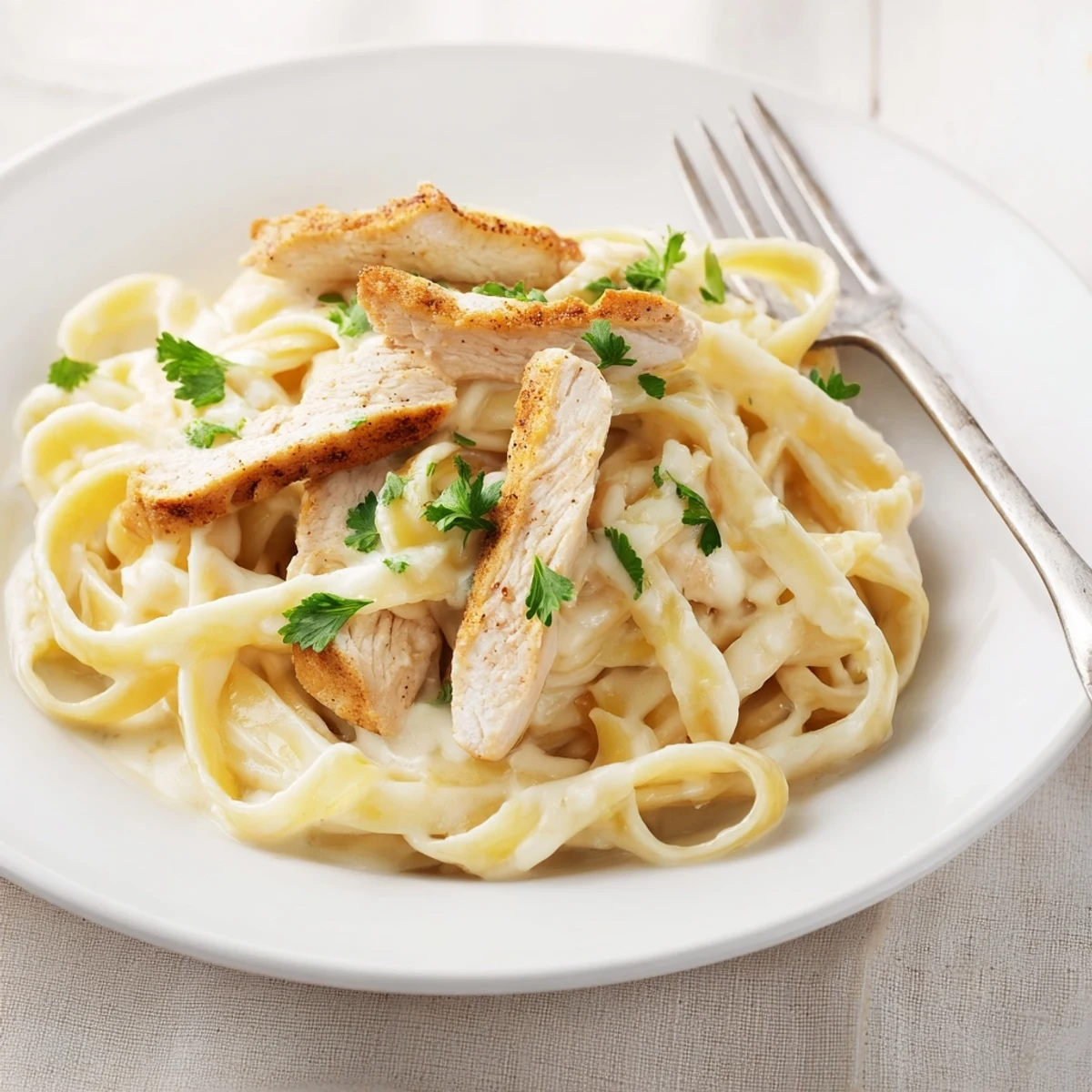 Twirled fettuccine noodles glisten in silky Parmesan Alfredo sauce, paired with hearty Cajun chicken strips on a rustic dinner plate.
