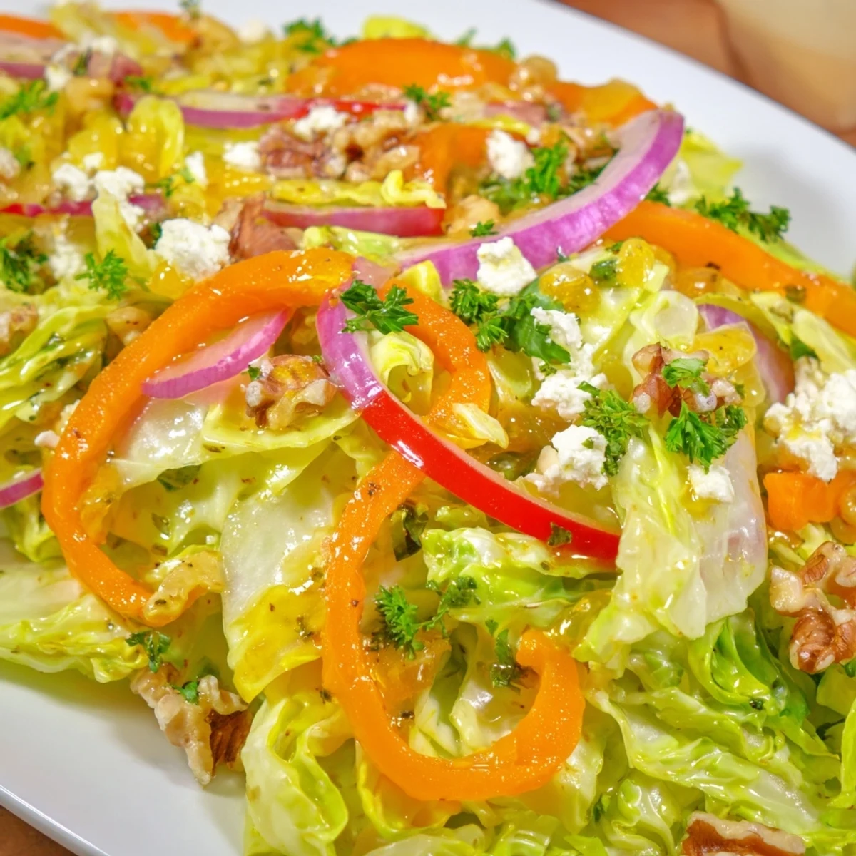 Bright, steaming Cooked and Loved Cabbage Salad topped with crumbled feta and toasted walnuts on a rustic serving plate.