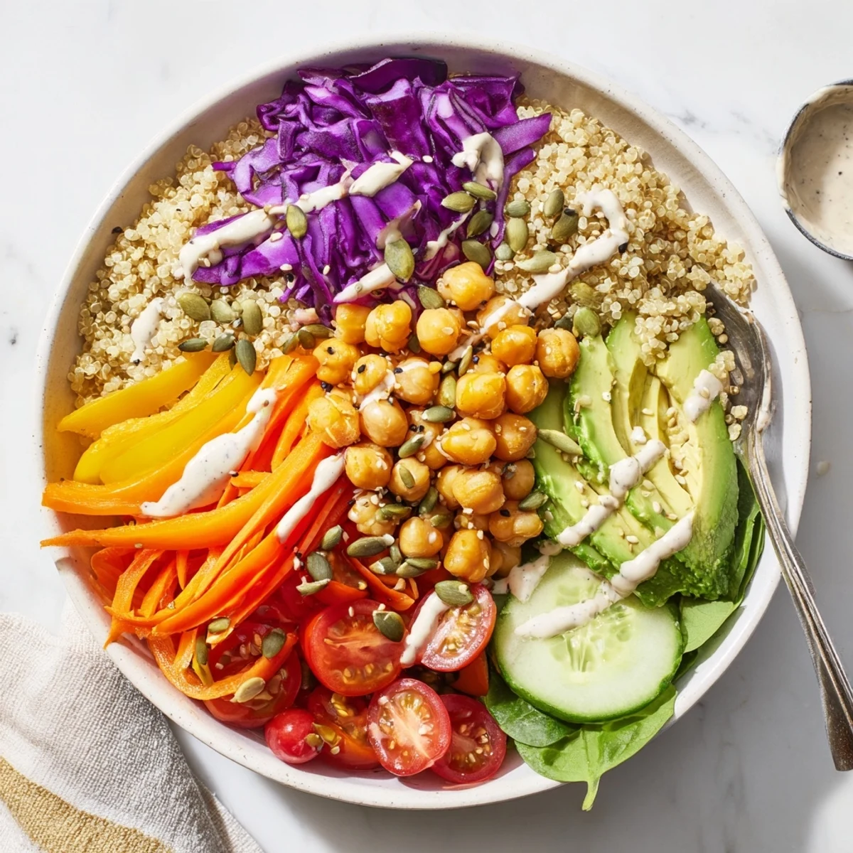 A colorful serving of Rainbow Buddha Bowl with Quinoa, featuring fluffy grains and a zesty lemon tahini dressing.