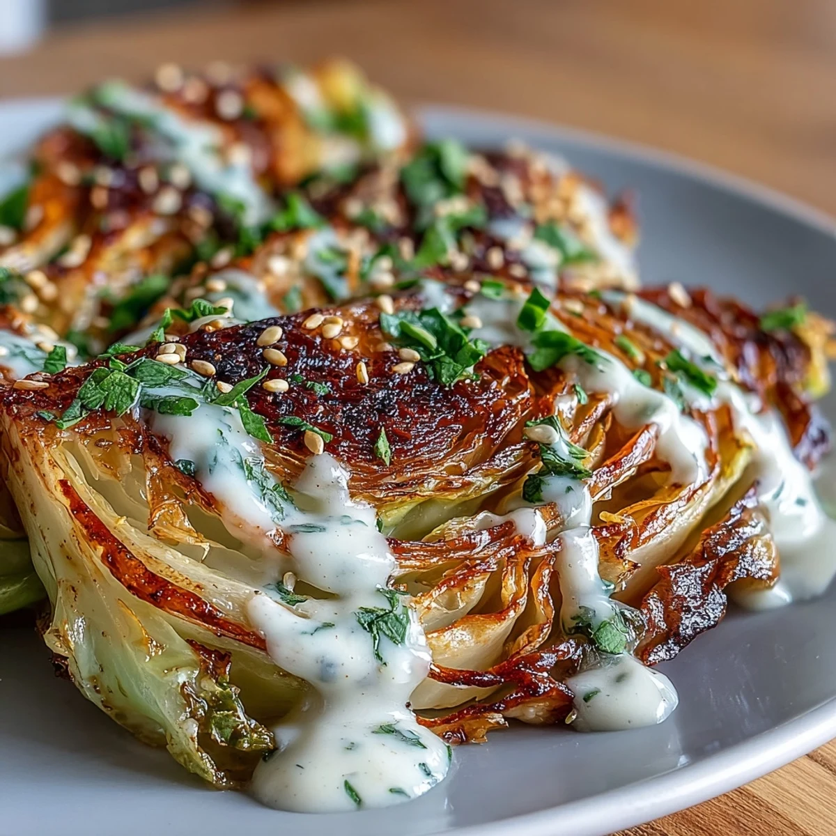 Golden roasted cabbage wedges generously topped with creamy, lemony tahini sauce.