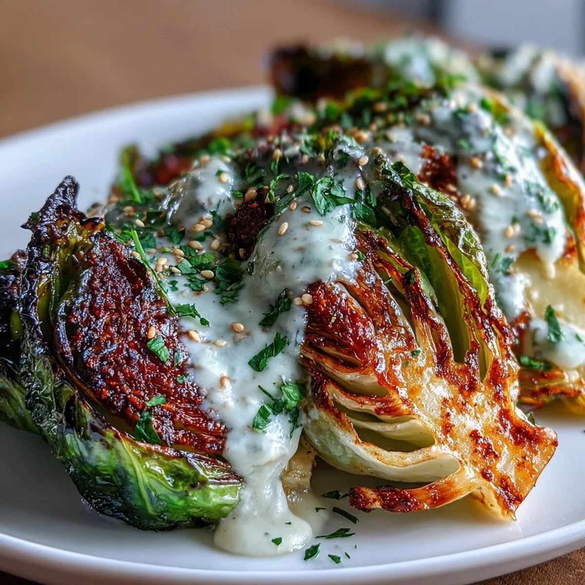 Easy roasted cabbage wedges with a beautiful char, swirled with delightful tahini goodness.