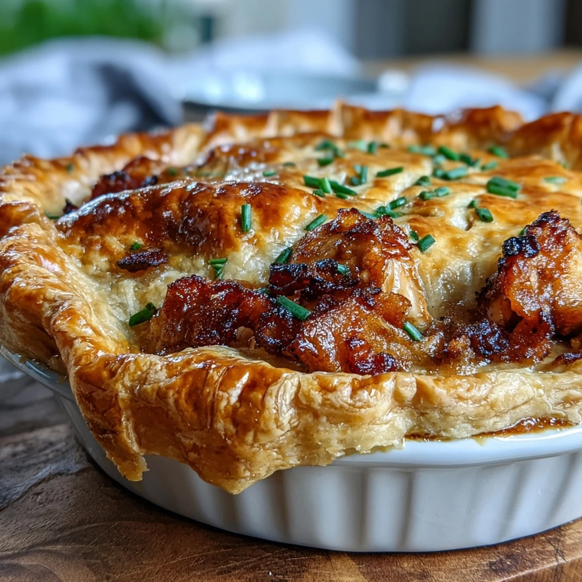 Freshly baked Chicken and Leek Pie with golden puff pastry and steam escaping from slits.