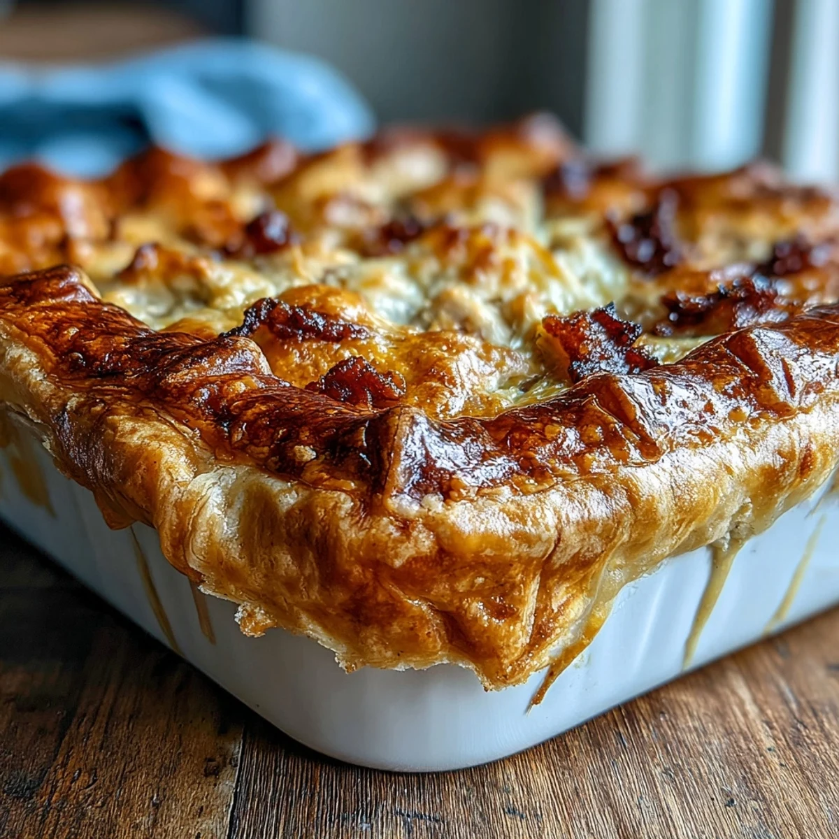 Golden brown Chicken and Leek Pie served in a ceramic dish with a slice lifted.