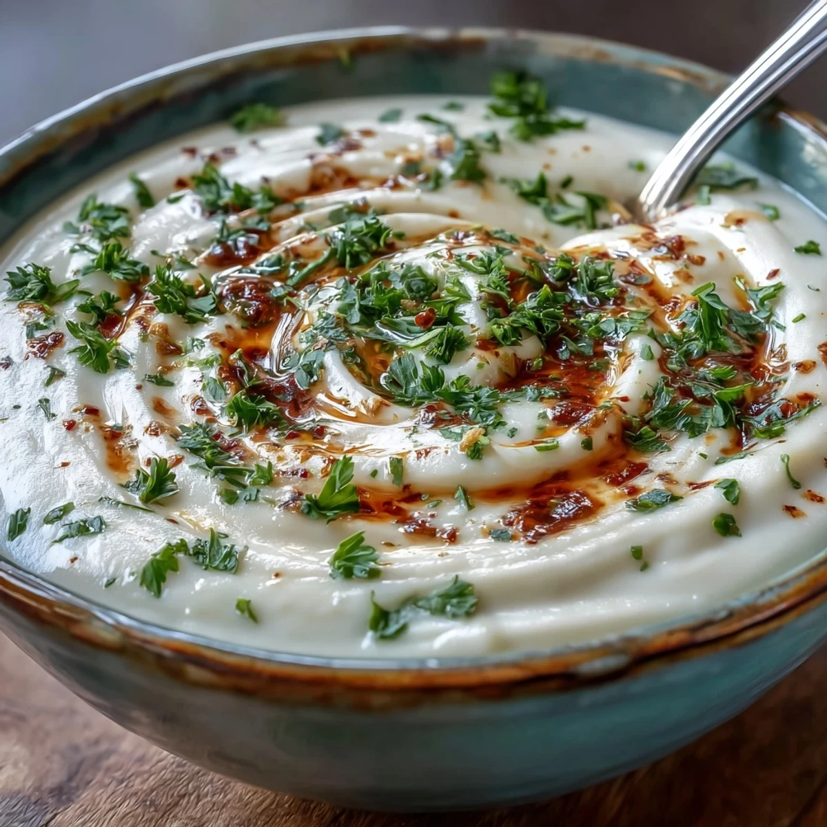 Creamy White Bean and Parmesan Soup simmering in a pot with a wooden spoon, showcasing the thick, smooth texture. 