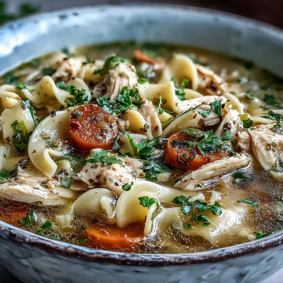 Golden Chicken Noodle Soup steaming in a bowl with tender chicken, sliced carrots, and celery in savory broth.