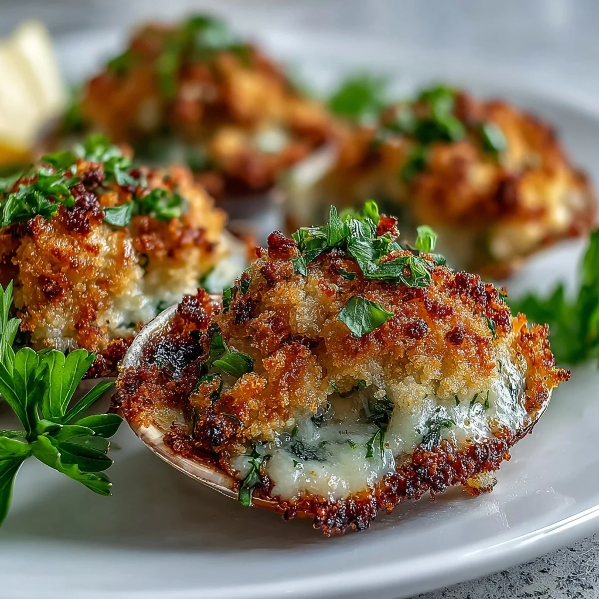 Golden-baked Roasted Clams With Lemony Panko topped with parsley on a serving tray, ready to enjoy.