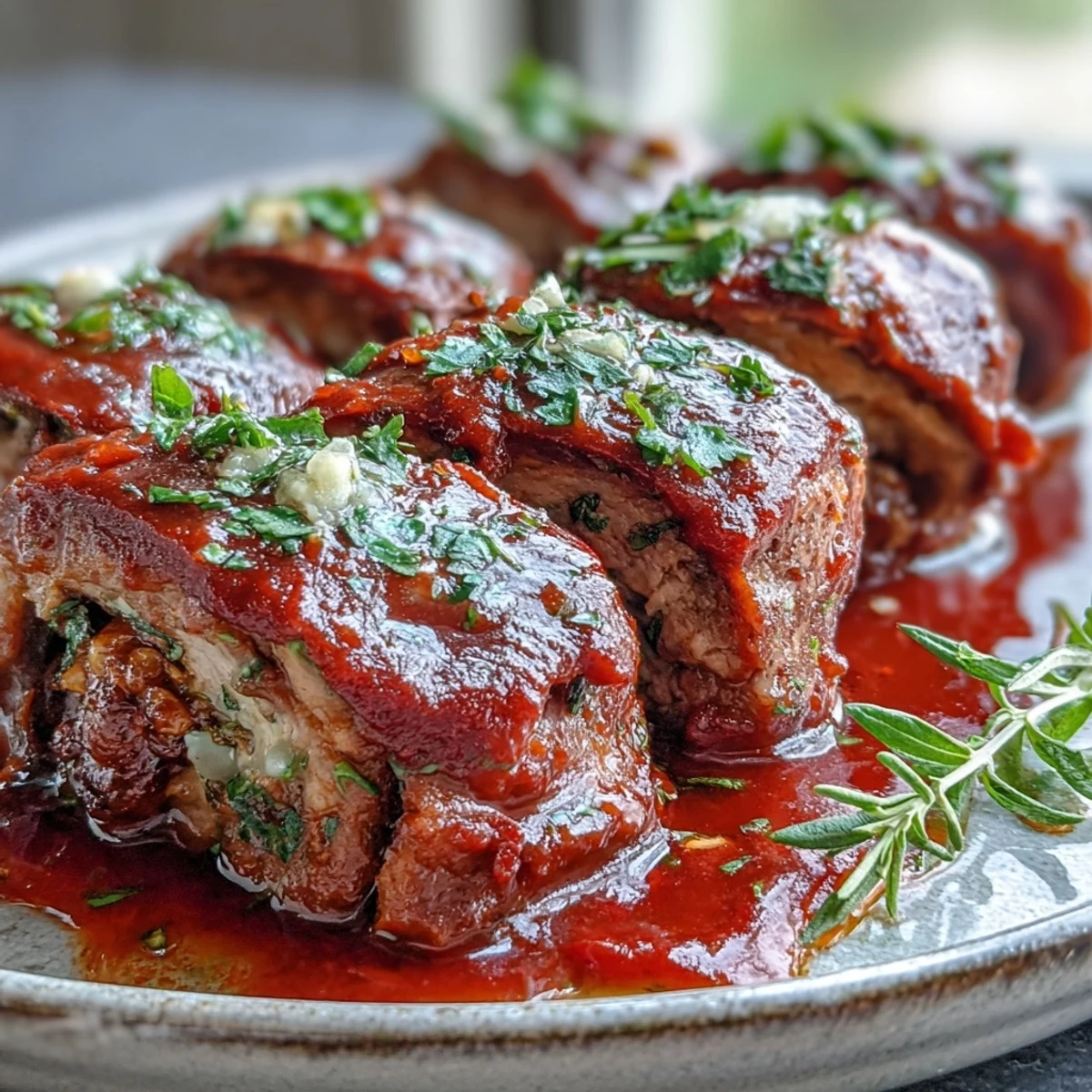 Tender beef rolls filled with pecorino, pine nuts, and raisins in a simmered tomato sauce, plated for a rustic Italian meal.