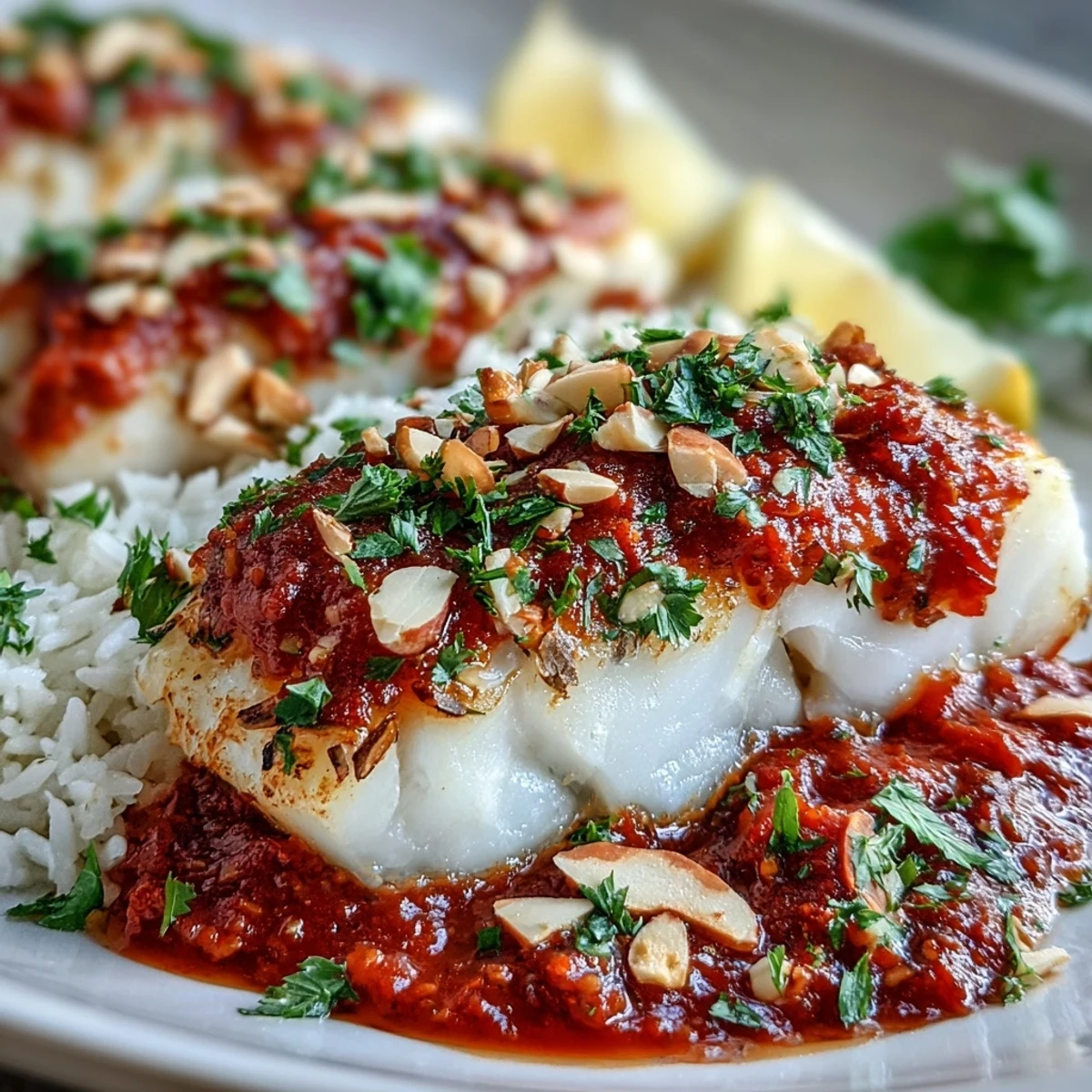 Tomato-Roasted Cod plated over aromatic ginger rice, topped with crunchy spiced almonds and fresh parsley garnish.