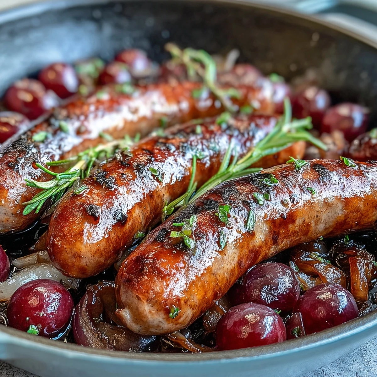 Roasted Sausage and Grapes bubbling in a baking dish, with caramelized onions and sprigs of rosemary for a cozy fall dinner.