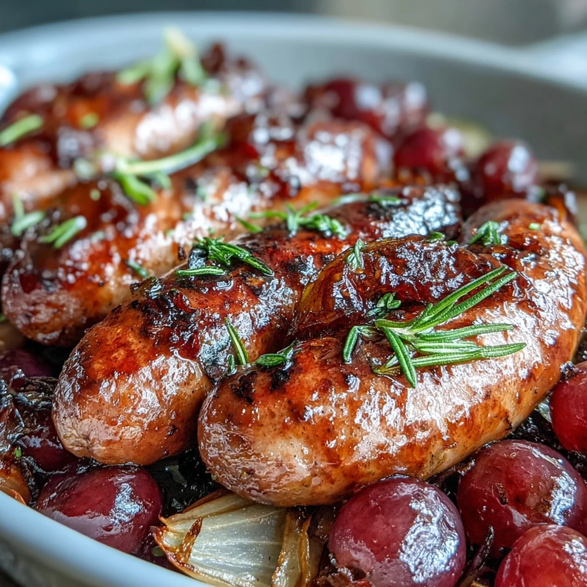 Golden roasted sausage and grapes plated over creamy polenta with fresh rosemary, a rustic Italian-inspired dinner for four.