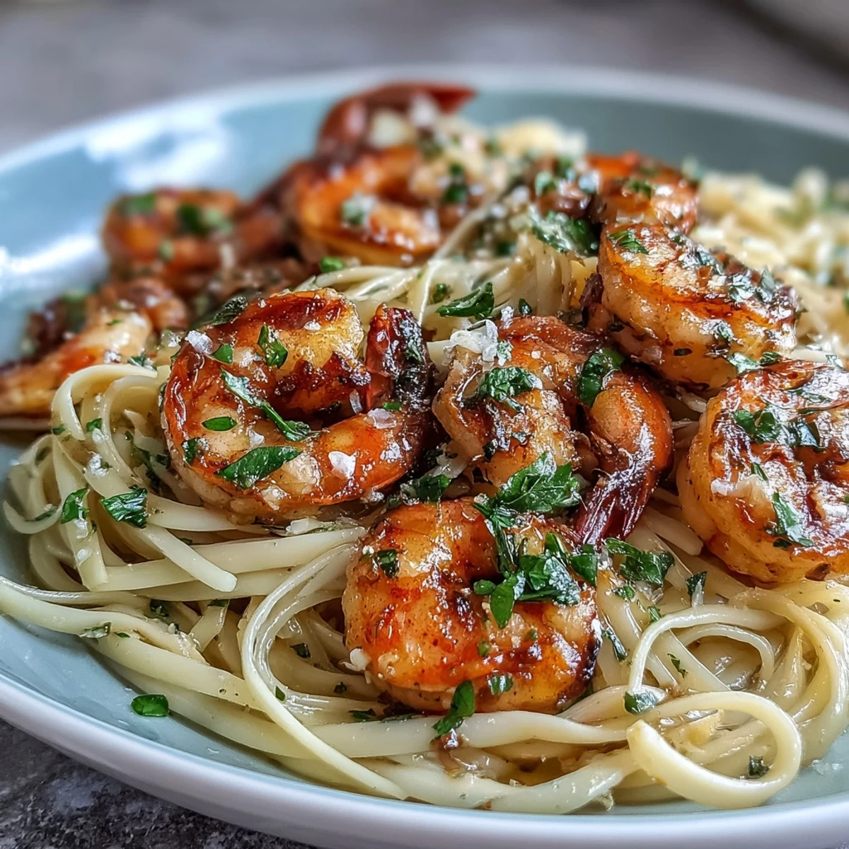 Garlic butter Shrimp Scampi With Linguine glistens with lemon zest and fresh parsley on a white plate.