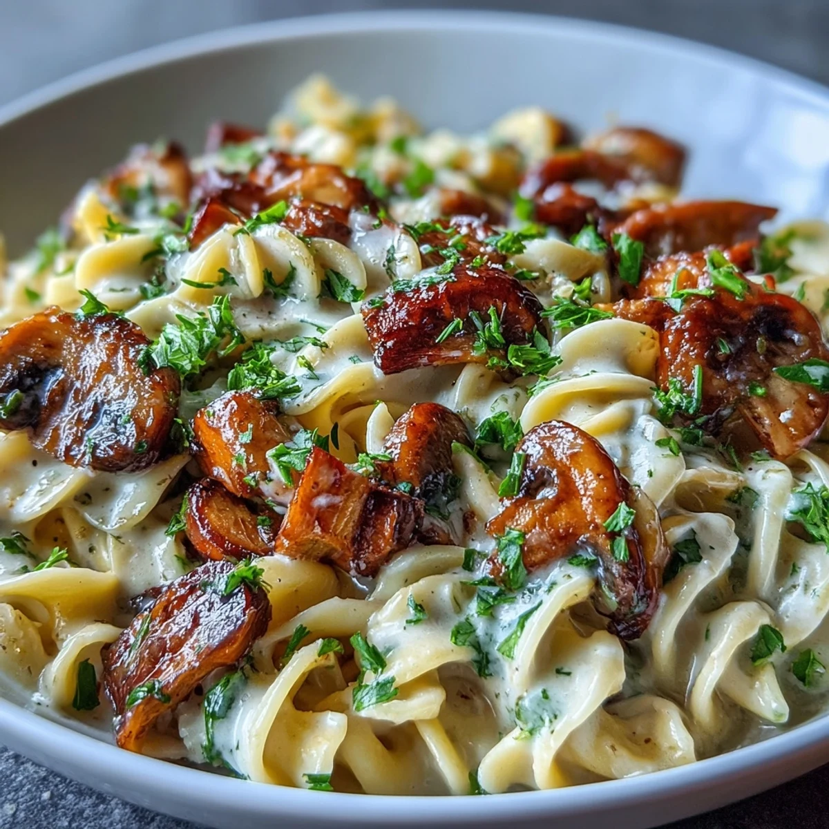 Spoon stirring a skillet of Creamy Mushroom Stroganoff, showing luscious, velvety sauce coating wide noodles and sliced mushrooms.