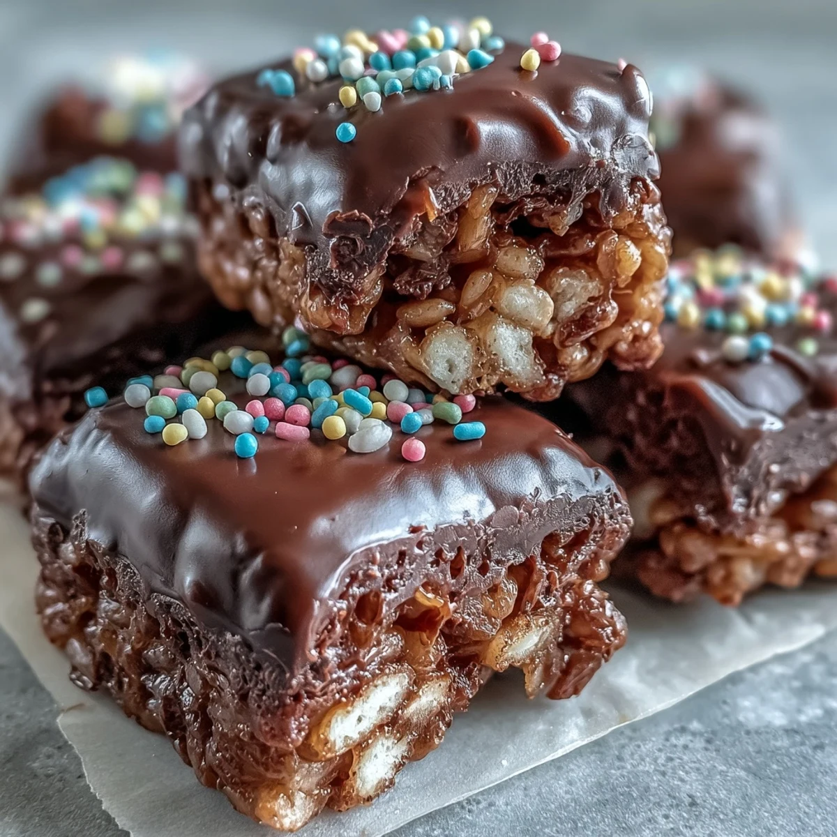 Stack of Chocolate Covered Rice Krispy Treats bars on a white plate, perfect for an after-school dessert snack.