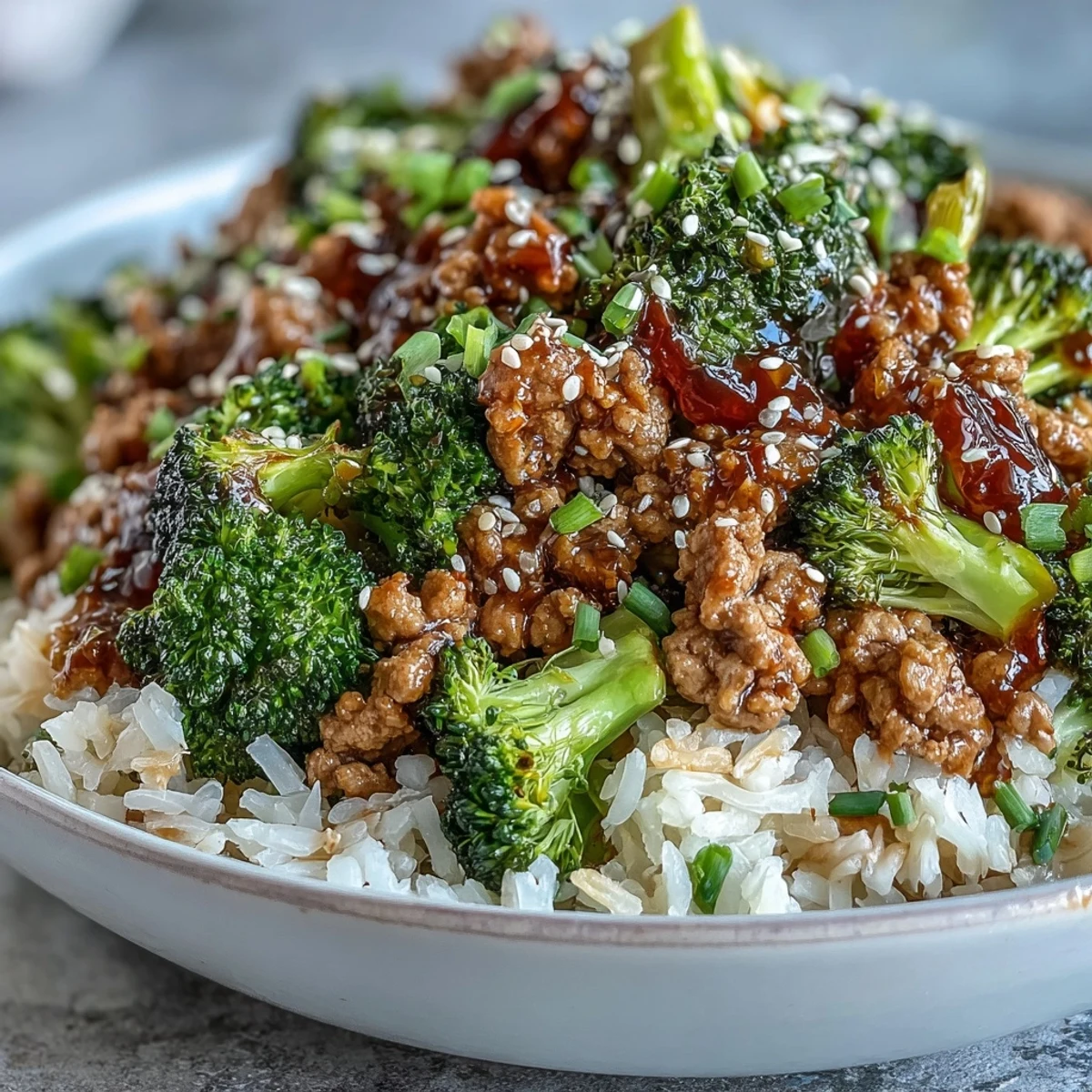 Garnished with sesame seeds and green onion, this savory and sweet turkey bowl showcases tender broccoli and saucy ground turkey over a bed of fluffy brown rice.