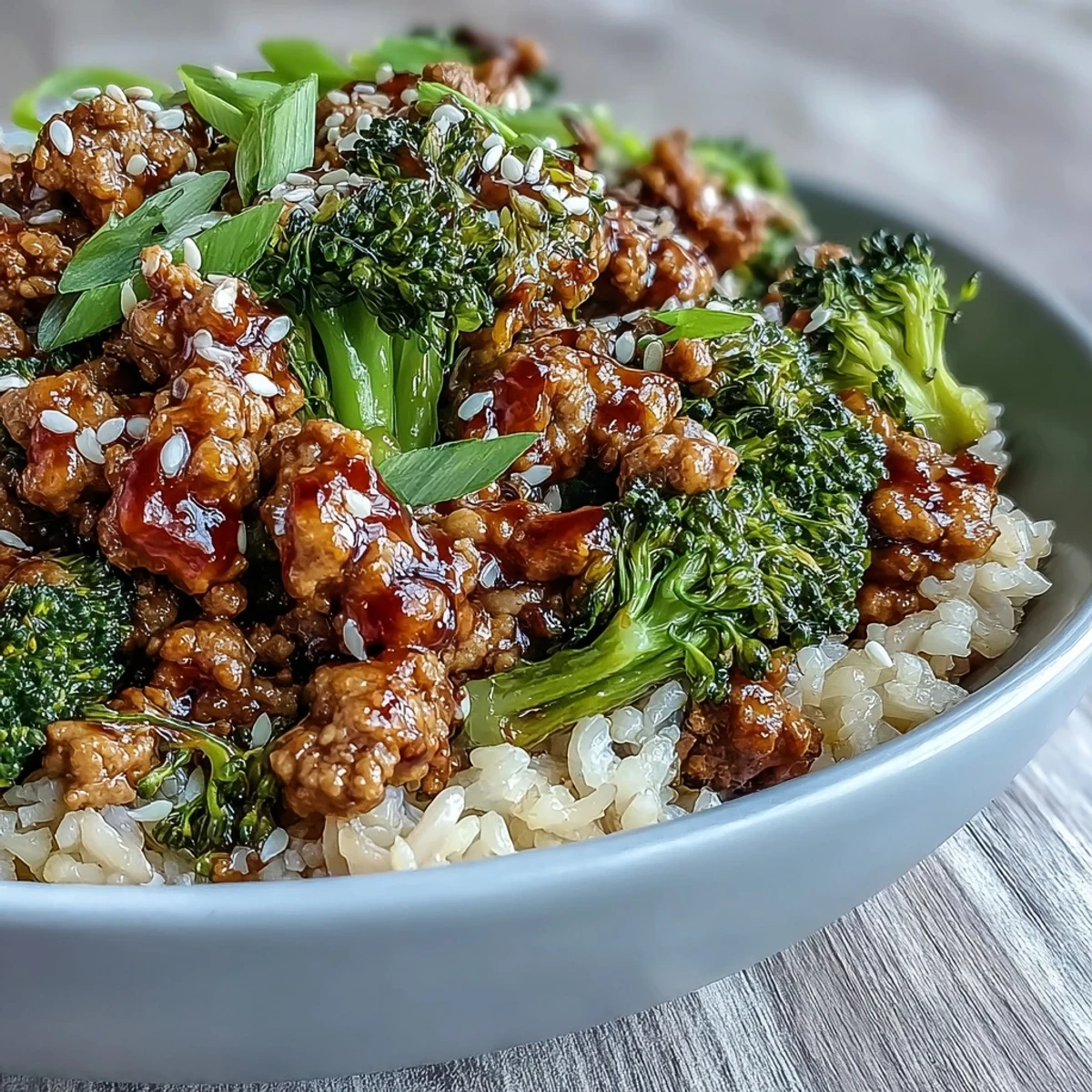 A close-up reveals glossy sweet-spicy sauce clinging to brown rice and ground turkey, with vibrant green broccoli florets and sesame seeds adding texture to the bowl.