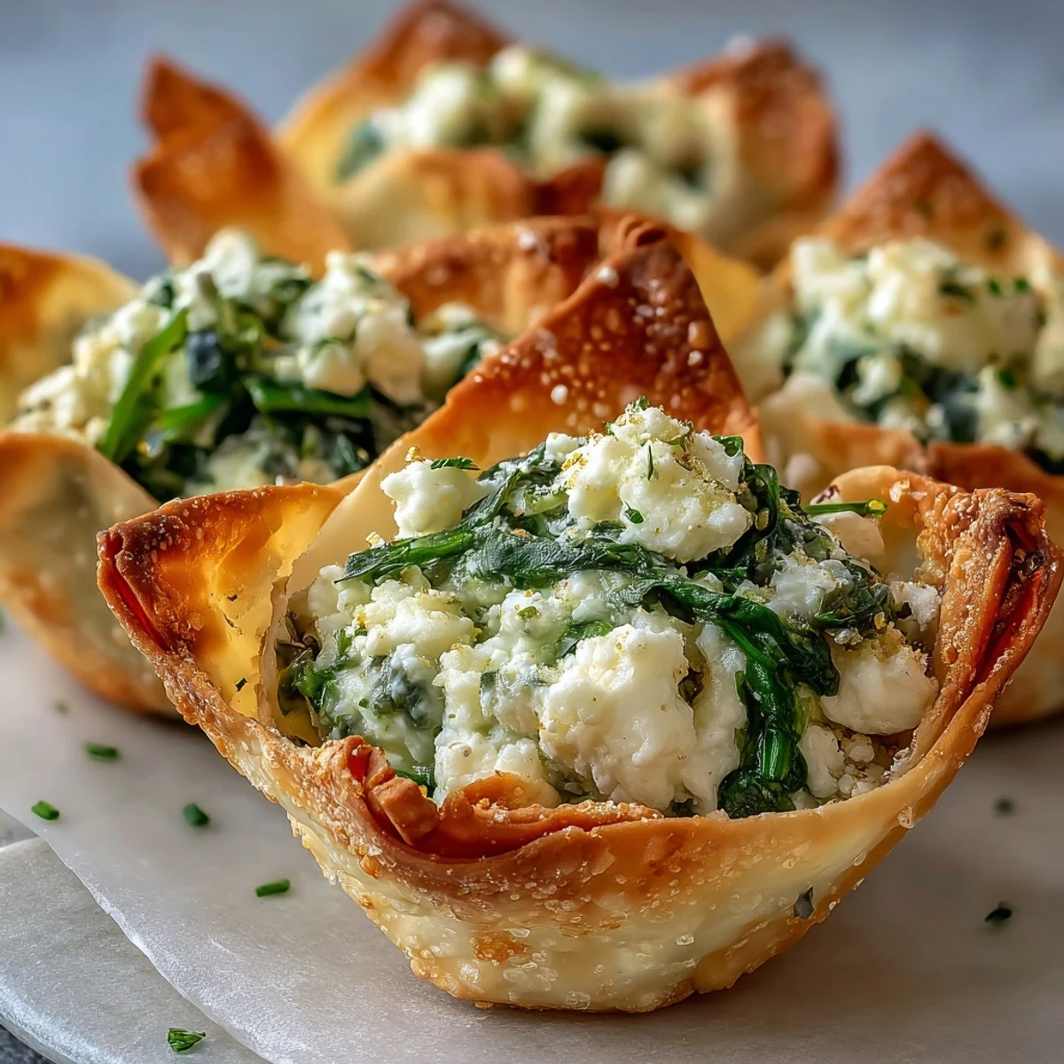 Two warm Mediterranean Spinach and Feta Cheese Crisps on a rustic wooden platter, garnished with fresh parsley and smoked paprika.