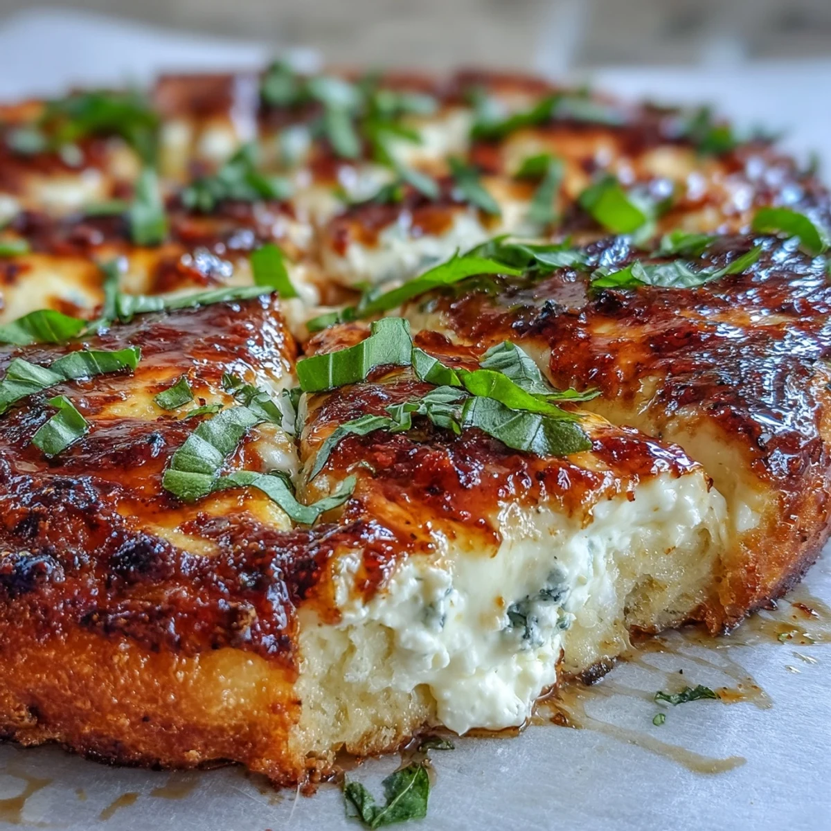 A close-up of Hot Honey Ricotta Pizza with fresh basil and a drizzle of spicy honey. 