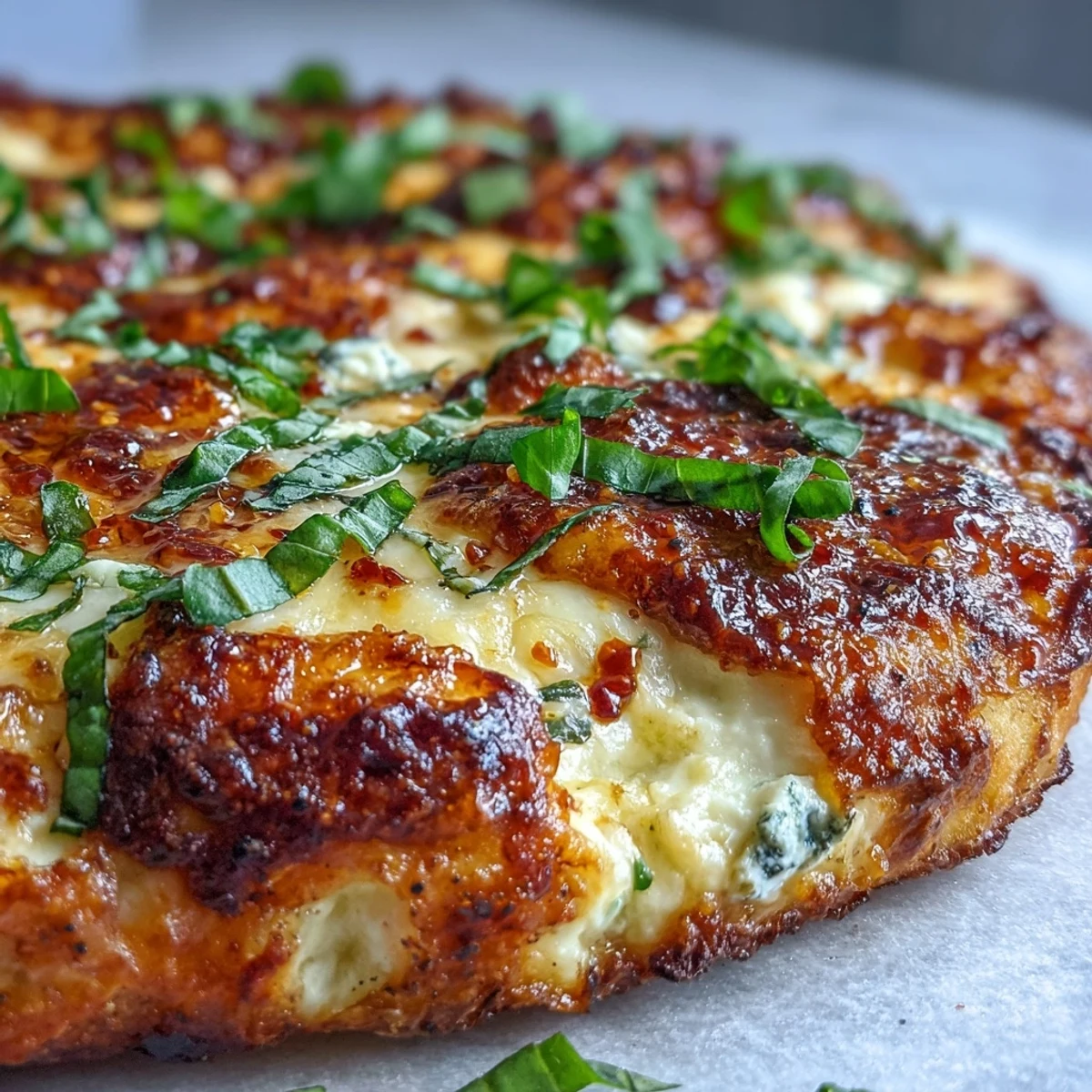 Slice of hot honey ricotta pizza on a rustic board, featuring a sweet and spicy glaze.