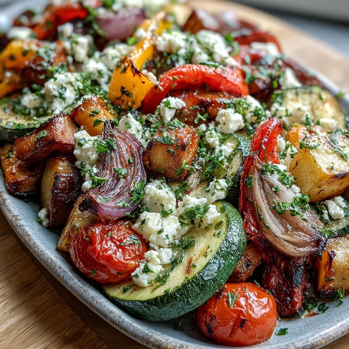 Roasted Mediterranean Greek Vegetables fresh from the oven, featuring tender eggplant and zucchini with golden, caramelized edges.