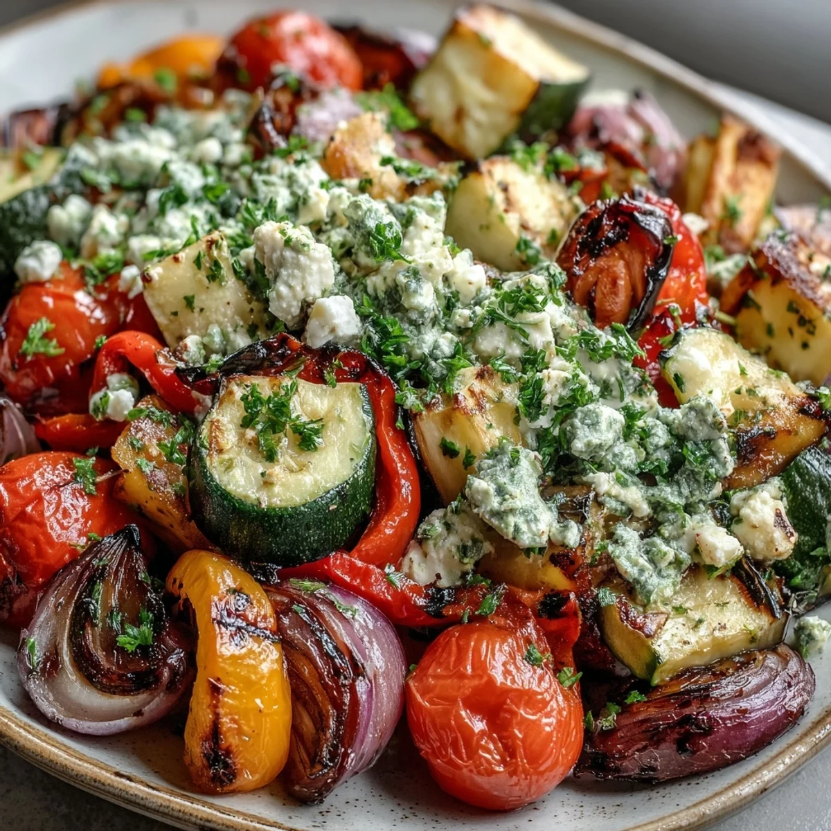Savory Roasted Mediterranean Greek Vegetables tossed with garlic and herbs on a baking sheet, bubbling with juicy tomatoes.