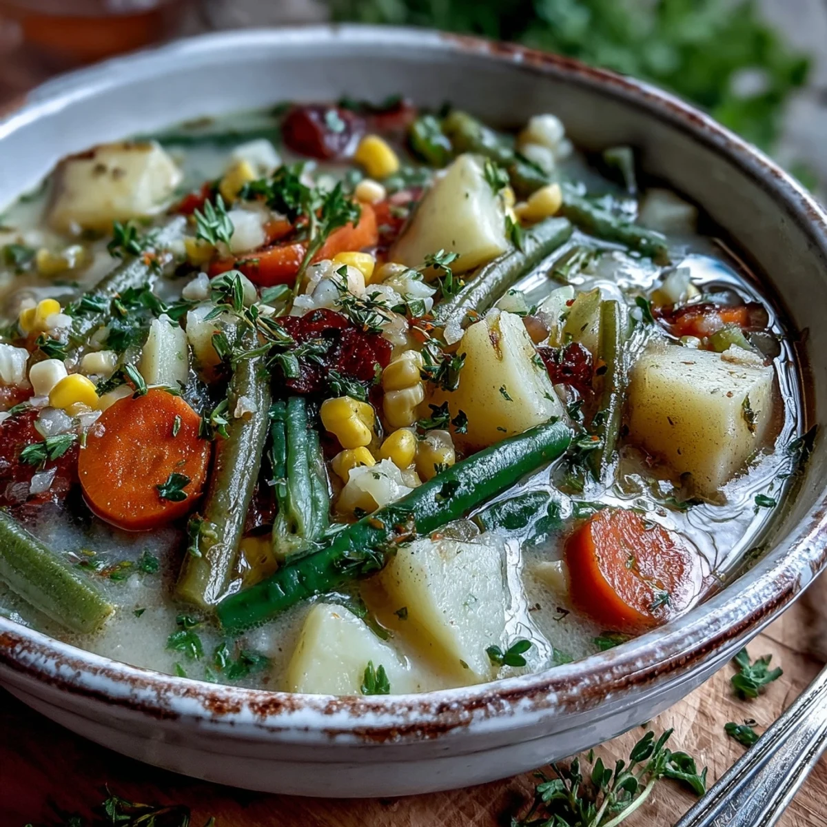 Creamy Amish Snow Day Soup with tender vegetables, served hot in a rustic bowl with fresh parsley.