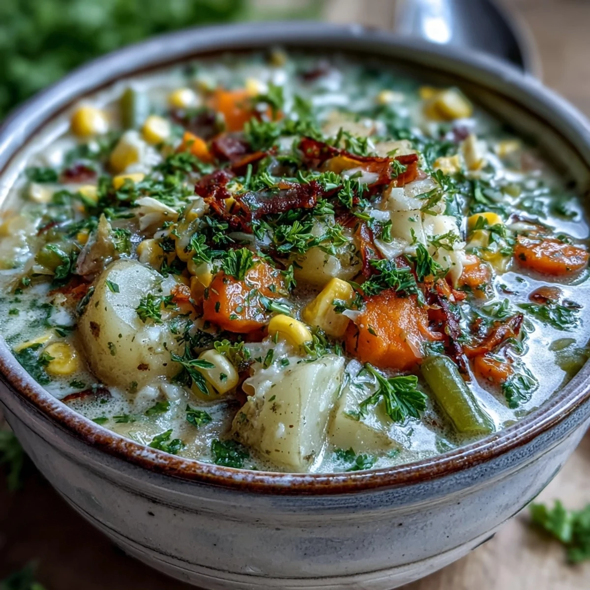 Hearty Amish Snow Day Soup simmering with carrots, potatoes, and thyme, ready to ladle from the pot.