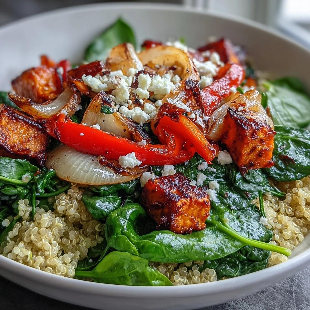 Close-up of a comforting Warm Salad Bowl with tender roasted vegetables, fresh herbs, and a drizzle of warm honey-mustard vinaigrette.