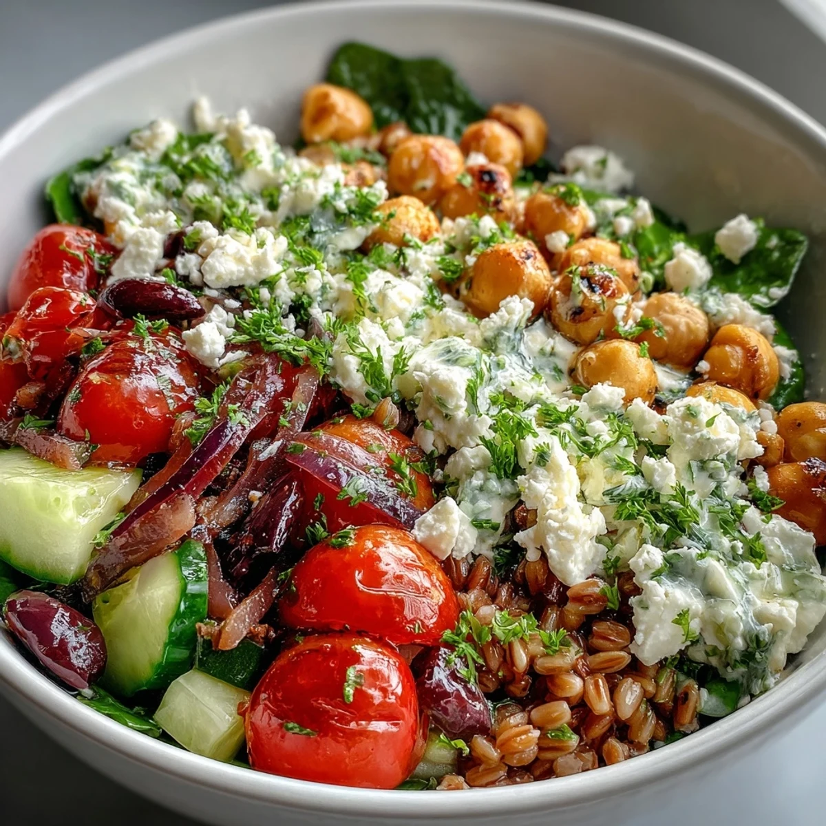 A colorful Mediterranean Farro Bowl topped with feta, chickpeas, and fresh herbs, drizzled with creamy tahini dressing.