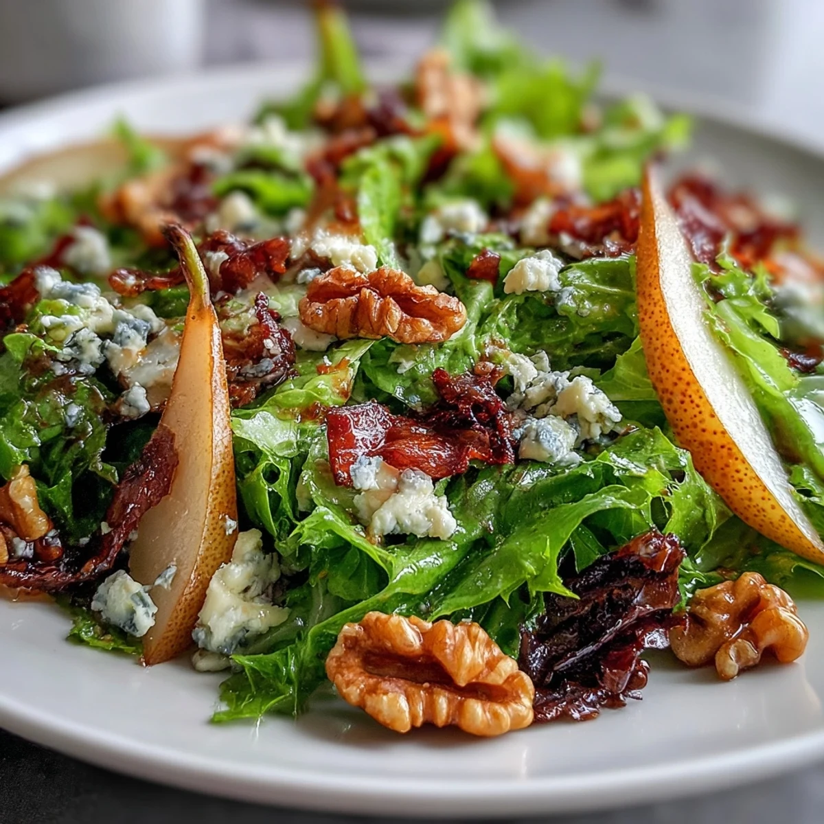 Crisp frisée, ripe pear slices, and crumbled blue cheese in a serving bowl.