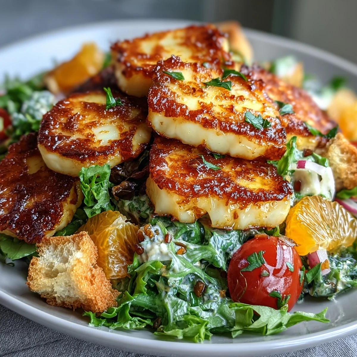 Crispy golden-fried halloumi and juicy blood orange segments on a bed of fresh greens, ready to serve.