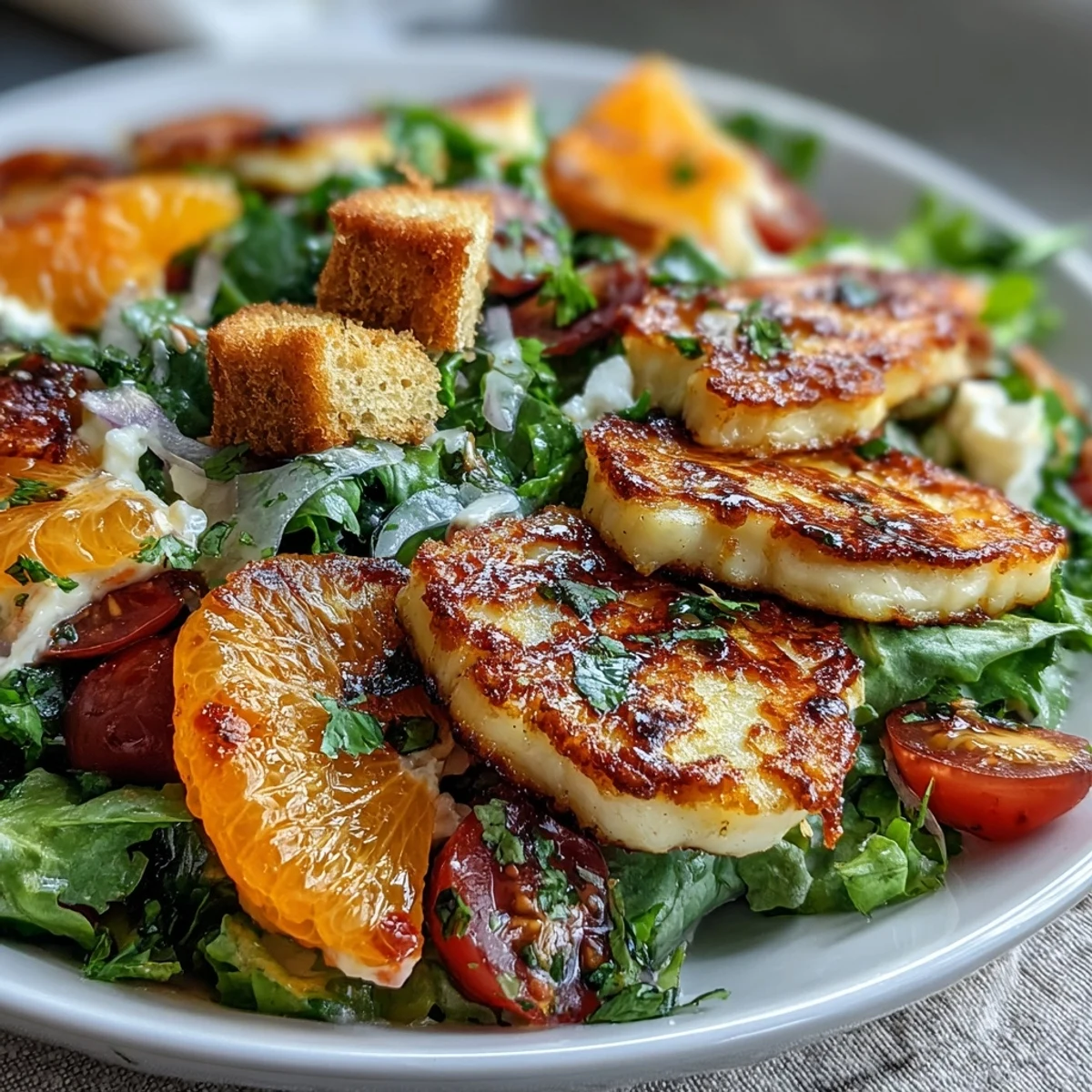 Fresh mint, arugula, and pomegranate seeds garnish the warm Halloumi Blood Orange Fattoush in a rustic bowl.