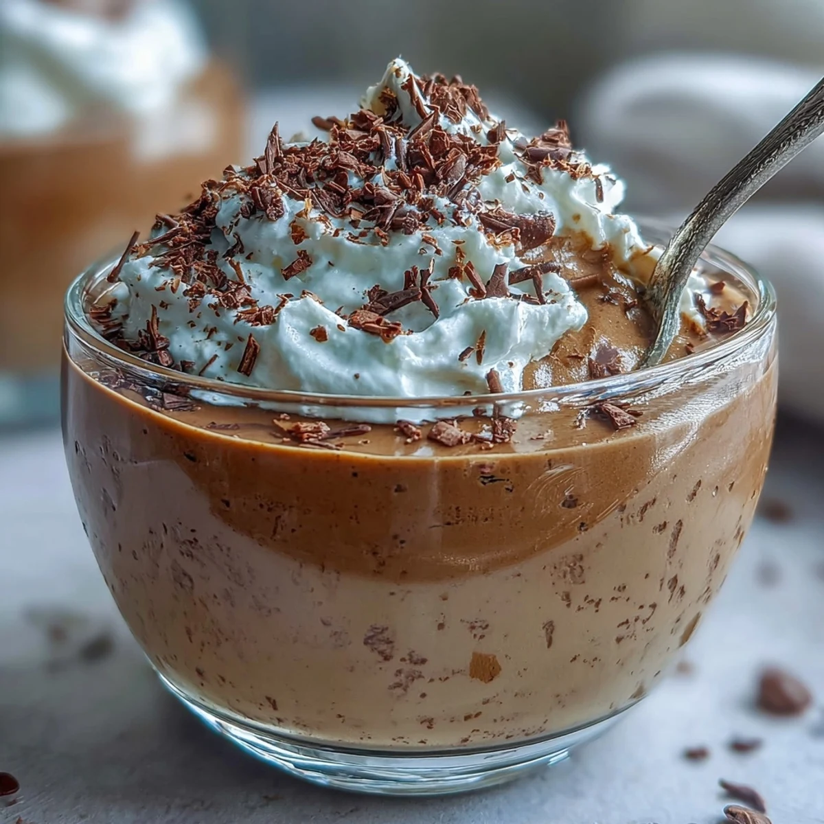 Silky Hojicha Pudding garnished with roasted tea leaves, served beside a cup of tea.