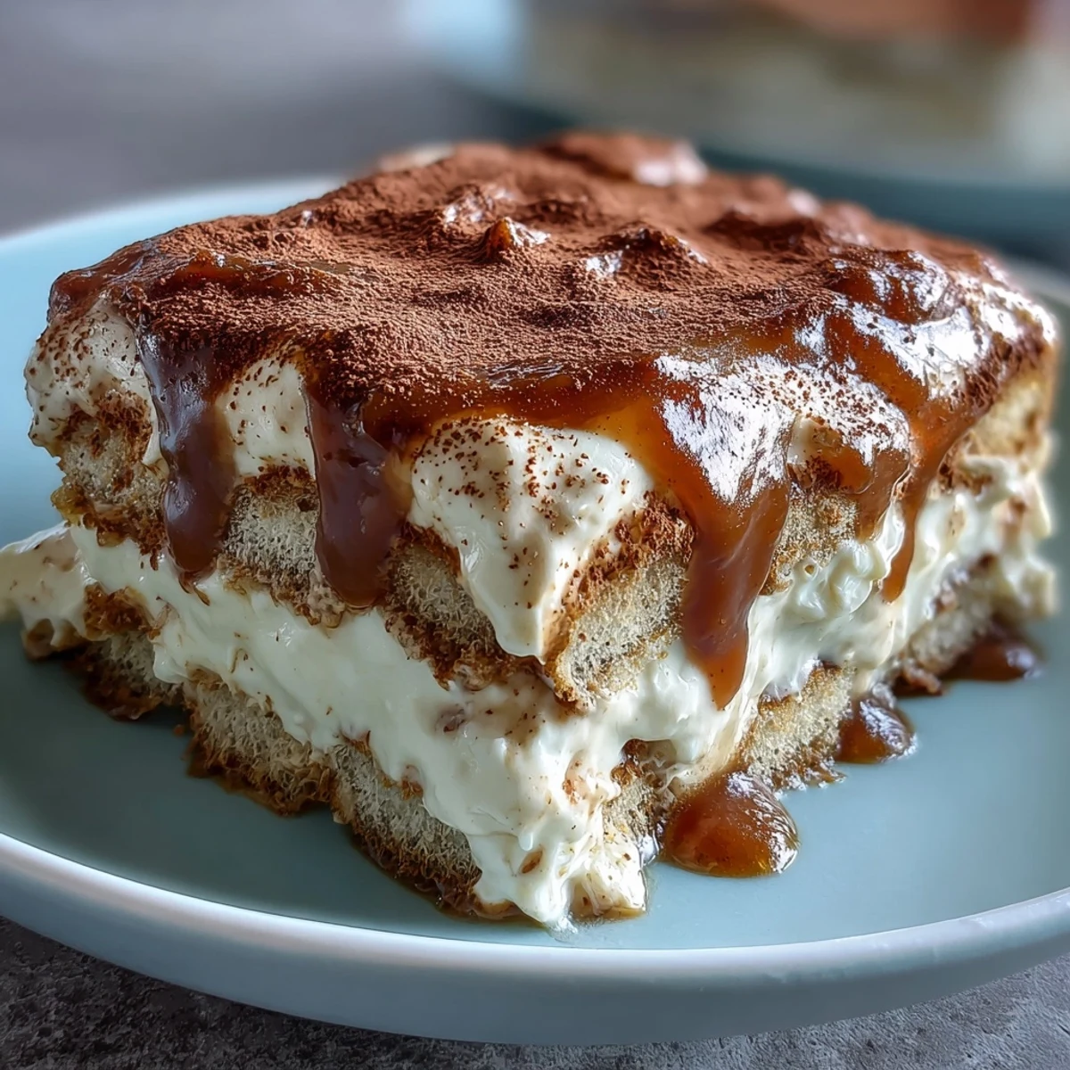 The finished Hojicha Tiramisu dusted with cocoa powder, revealing layered mascarpone cream and soaked ladyfingers.