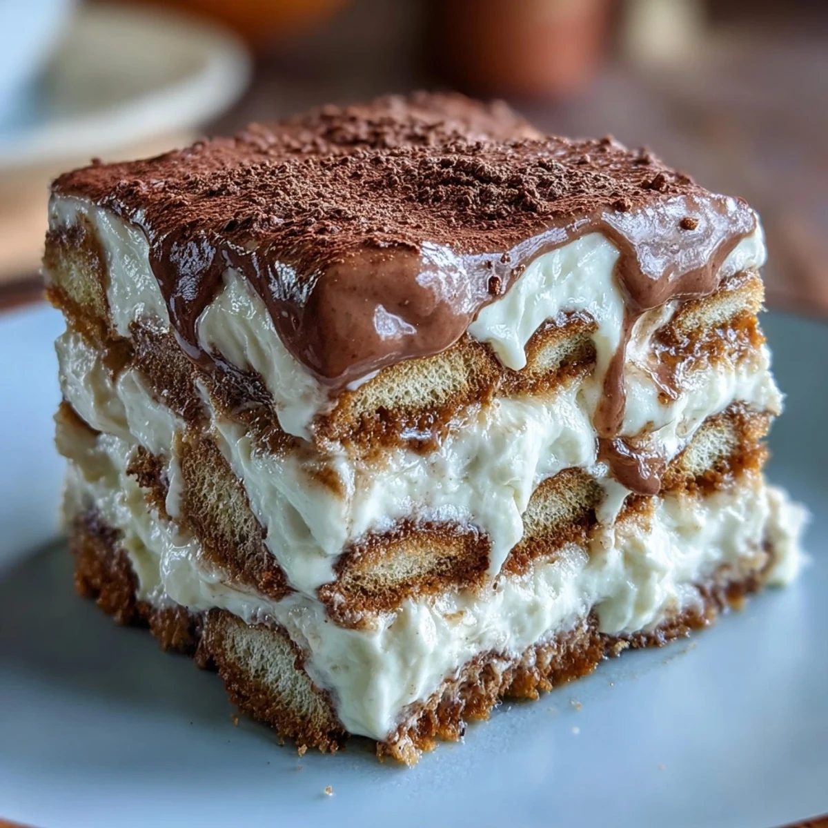 Close-up view of the creamy Hojicha Tiramisu layers inside a glass dish, showing the rich tea-soaked biscuits.