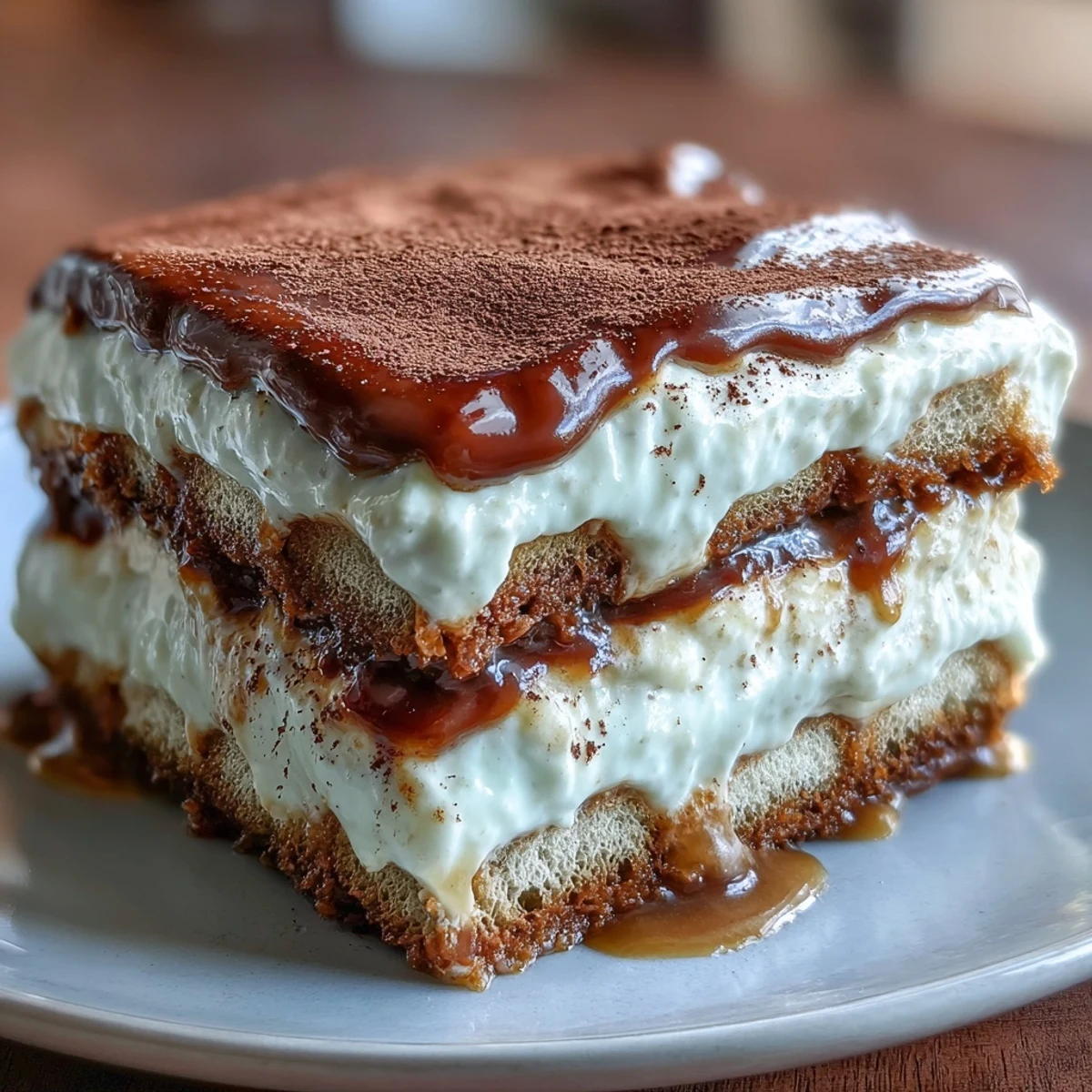 A freshly prepared Hojicha Tiramisu dessert plated with a fork, ready to be served at a dinner party.