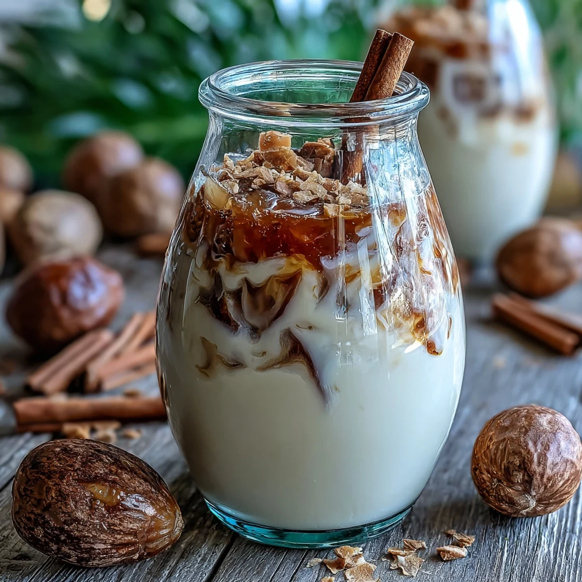 Chilled Guava Coquito poured into small glasses, garnished with cinnamon sticks for a festive Puerto Rican holiday drink.