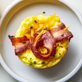 Fluffy baked Scrambled Egg Cups garnished with bacon, perfect for a quick, easy brunch.